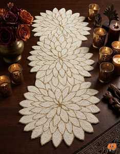 Handmade Knitted Beaded <b>Table</b> <b>Runner</b> Ivory Gold Solid Stripe Pattern Elegant Polyester Cotton Home Decoration - Product Image 3