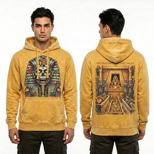 Sweat à capuche beige délavé pour homme, imprimé graphique squelette loup, coupe oversize, streetwear, vente en gros d'habillement personnalisé en usine - Product Image 4