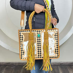 Sac à main de luxe de haute qualité, à motif à carreaux, en cuir véritable, avec détails en pierre turquoise, pour femmes - Product Image 4