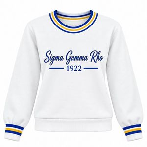 Pull blanc à col rond avec broderie Sigma Gamma Rho 1922 bleu et or, col et poignets rayés, ourlet côtelé, tricot personnalisé universitaire - Product Image 1