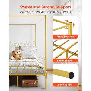 Queen Size <b>Metal</b> Canopy Bed <b>Frame</b> with Minimalist Four Posters Headboard Heavy Duty Steel Slats Support Minimalist Design - Product Image 3