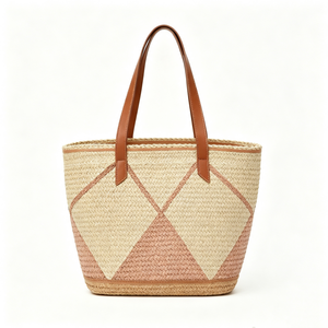 Customized Diamond inlay woven straw tote <b>bag</b>,blush pink geometric straw <b>basket</b> shopper,two‑tone woven tote - Product Image 4
