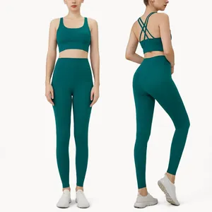 Light <b>Blue</b> Spandex/Nylon Seamless Yoga Leggings Set Women High Waist Full Length Breathable Sports <b>Bra</b> Cross Back Athletic Wear - Product Image 2