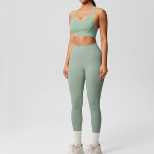 Solid Color Two Piece Yoga Set High Waist Leggings And <b>Bra</b> With Twist Design Crisscross Back Breathable Spandex Polyester - Product Image 1