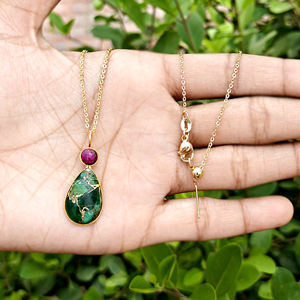 Minimalist gemstone <b>necklace</b> mohave <b>ruby</b> with emerald copper turquoise double stone pendant 18k gold plated bezel set <b>necklace</b> - Product Image 4
