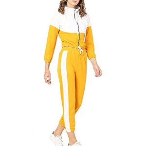 Survêtement à capuche pour femme, jaune et blanc, à blocs de couleur, manches longues, cordon de serrage, décontracté, sportswear, pantalon longueur cheville, printemps - Product Image 2