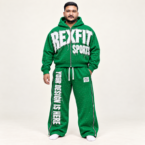 Ensemble de survêtement unisexe en polaire noir avec strass, veste zippée à appliques effet vieilli et pantalon large, style streetwear personnalisé, deux pièces pour l'hiver - Product Image 2