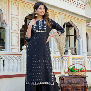 Rayon Geometrical Printed Black Women's Summer Ethnic Wear <b>Kurti</b> Customized Logo Quick Dry Recycled Materials Stylish - Product Image 1
