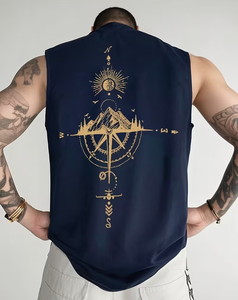 Men's Summer Navy Sleeveless Tank Top Compass Mountain Print O-Neck Cotton Casual Breathable Knitted Back Design Sports Gym - Product Image 1