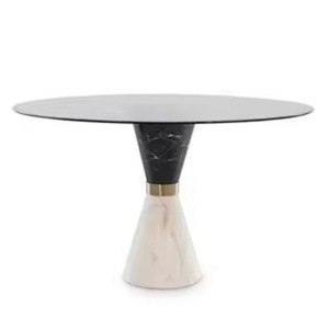 Mesa de centro redonda de diseño moderno con patas de metal cruzadas y superficie de vidrio oscuro para sala de estar de apartamento, mesa de centro tipo consola. - Product Image 4