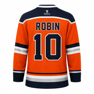 สีส้ม สีน้ำเงินกรมท่า สีขาว เสื้อฮอกกี้น้ำแข็งแบบซับลิเมชั่นสำหรับผู้ชาย ชุดทีมพร้อมปกแบบผูกเชือก พร้อมชื่อและหมายเลขส่วนตัว - Product Image 3
