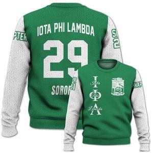 Veste universitaire personnalisée Iota Phi Lambda, pull tricoté vert émeraude mélangé avec un motif blanc pour la sororité Iota Phi Lambda - Product Image 4