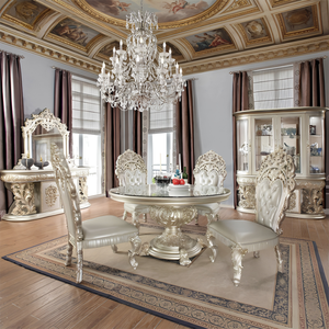 High End Classic Royal <b>Dining</b> Room <b>Set</b> <b>Round</b> Glass <b>Table</b> Top with <b>4</b> Tufted Chairs Luxury Wood Carving <b>Dining</b> Furniture - Product Image 1
