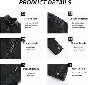 Chaqueta Bomber de Cuero PU para Mujer, Cuello Camisero, Manga Larga, Cierre de Cremallera, Color Negro Sólido, Estilo Otoñal, Largo Regular - Product Image 4