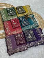 Sari en soie Georgette brodé de qualité supérieure pour femme avec bordure élégante en Zari, réversible, protection solaire, pour occasions de mariage