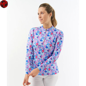 Haut de sport de golf imprimé à manches longues pour femme, col zippé respirant à motif floral, personnalisable avec logo ODM, en nylon, pour tenue d'équipe - Product Image 1