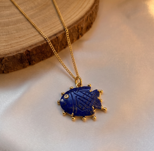 Lapis Lazuli Fish Pendant Handmade Carved <b>Blue</b> Gemstone <b>Necklace</b> Gold Plated September Birthstone Charm Crystal Accent 562405 - Product Image 1