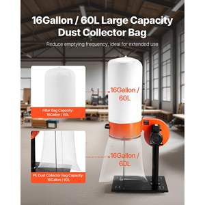 Collecteur de poussière à cône vortex haute vitesse 800 CFM 2,5 microns, système de collecte de sciure de bois 1HP, grande capacité de 16 gallons - Product Image 4