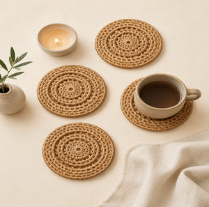 Set of braided cotton rope round <b>drink</b> <b>coasters</b> in neutral tones with an included black metal holder, at wholesale prices. - Product Image 6
