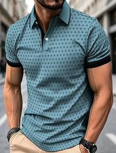 Polo à manches courtes en tricot pour homme, motif à pois, coupe décontractée, bleu gris imprimé - Product Image 3