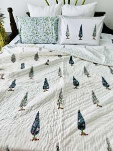 Beautiful Hand-block Printed Cypress Tree Cotton Jaipuri Razai / <b>Quilt</b> Set Reversible Botanical <b>Bedding</b> Set With Pillow Covers - Product Image 4
