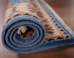 Alfombra Persa Anudada a Mano Kazak, Geométrica, Azul, Blanca, Multicolor, de Lana Ecológica, Antideslizante, de Pelo Medio, para Sala de Estar o Bar - Product Image 4