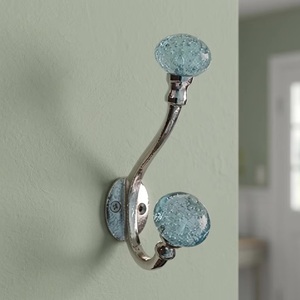 Vintage Metal Wall <b>Hooks</b> with Aqua Bubble Glass Knobs 2-Pack for Clothing Storage - Product Image 3