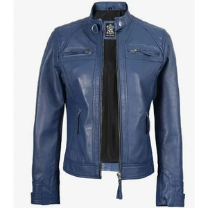 Veste de moto en cuir véritable bleu pour femme, col montant, fermeture éclair, coupe ajustée, style motard avec plusieurs poches - Product Image 2