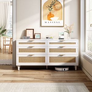 Cassettiera in Rattan a 6 Cassetti da 150 cm con Maniglie in Metallo e Gambe in Legno per Armadio Guardaroba da Camera da Letto - Product Image 4