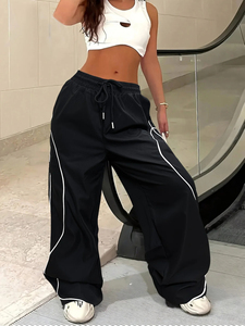 Casual Striped Contrasting Elastic Waist Workwear <b>Parachute</b> <b>Pants</b> Women's Mid-Rise Drawstring Wide Leg Loose Fit - Product Image 1