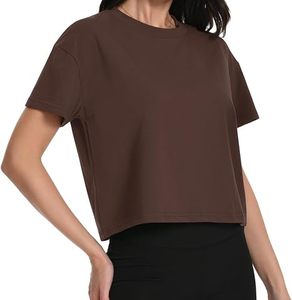 Women's Brown Crew Neck <b>Cropped</b> T-Shirt Knitted Solid Color Workout Short Sleeve <b>Top</b> - Product Image 2