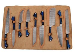 Juego de 8 Cuchillos de Cocina de Acero de Damasco Hechos a Mano con Hoja Recta y Punta Caída, con Mangos de Resina, Personalizables OEM/ODM/OBM - Product Image 4