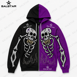 Sweat à capuche squelette noir et violet personnalisé pour homme, style gothique, broderie strass, fermeture éclair, streetwear tendance - Product Image 3
