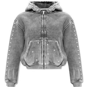 Sweat-shirt à capuche unisexe personnalisé, épais, gris délavé à l'acide, avec fermeture éclair, style vintage numérique, effet délavé, orné de strass et de manches cloutées, pour l'hiver - Product Image 1