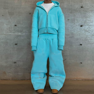 Customize Turquoise Hooded Windproof Fleece Tracksuit Set Full Length Loose Fit Solid Color Zipper Front Sweatshirt <b>Pants</b> Winter - Product Image 4