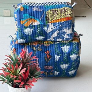 Set de Neceseres Acolchados con Estampado Floral, Estilo Bohemio, Multifunción, Bolsa de Viaje para Artículos de Aseo, Patrón Azul, Rosa y Verde, Textil con Asa Suave - Product Image 2