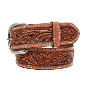 Ceinture d'outillage à la main en cuir occidental pour unisexe avec coutures contrastées et ceinture de cow-boy à boucle à une broche en laiton nickelé - Product Image 2
