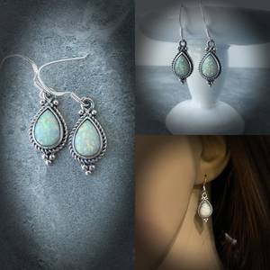 Boucles d'oreilles en opale blanche, argent sterling, opale scintillante, bijoux pierre de naissance d'octobre, cadeau élégant pour elle - Product Image 2