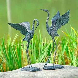 Ensemble de 2 sculptures de héron en métal, faites à la main, finition patine verte antique, en fonte, figurines d'oiseaux - Product Image 1