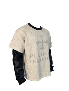 Custom Vintage Oversized for Distressed Rhinestone Cross Graphic Layered Fake Two Piece Faux Leather Sleeve Men Streetwear - Product Image 1