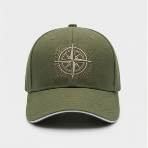 Olive Green 6-Panel <b>Baseball</b> <b>Cap</b> with Embroidered Compass Design Front Panel Unisex Casual Hat Fitted Style - Product Image 1
