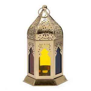 Hand Crafted Golden Lantern Hexagonal Shape Yellow Blue Red Glass Panel Geometric Arched Frame Dome Top Hanging Ring <b>Candle</b> Ambi - Product Image 2