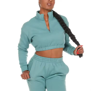 Conjunto Deportivo de 2 Piezas para Mujer, Felpa, Color Verde Menta, Top Corto de Manga Larga con Cierre y Pantalones Jogger, Casual, para Todas las Temporadas - Product Image 5