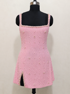 Robe de soirée mini en satin vert menthe à sequins perlés, coupe trapèze, sans manches, col carré, fente latérale, robe de cocktail - Product Image 5