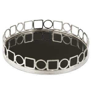 Plateau rond moderne argenté avec bordure géométrique et miroir Plateau décoratif de luxe haut de gamme pour le service et l'affichage - Product Image 1