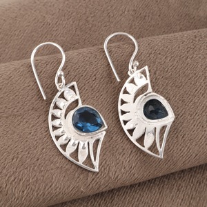 Women's 925 Sterling Silver Bohemia Drop <b>Earrings</b> With London <b>Blue</b> <b>Topaz</b> Bezel Setting Flower Pattern Everyday Wear - Product Image 4