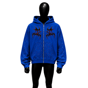 NOUVEAU SWEATSHIRT À CAPUQUE ZIPPÉ BLEU AVEC STRASS, GRAPHIQUE TRIBAL GOTHIQUE, Y2K, STREETWEAR, SURTAILLE, PUNK, À CLIPSES, GRUNGE - Product Image 1