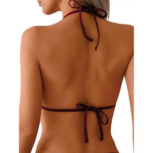 Nuevo Conjunto de Bikini Triangular Color Borgoña para Mujer, con Cuello Halter y Lazos Laterales, Traje de Baño de Dos Piezas con Detalles Metálicos, Ropa de Playa, Venta al Por Mayor OEM, EE. UU. - Product Image 5
