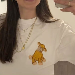 T-shirt décontracté d'été à col rond en coton blanc pour femme, broderie perlée motif animal chien, travail manuel, sequins, manches courtes - Product Image 1