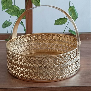 Golden Metal <b>Baskets</b> Round With Handle For Gifting <b>Hampers</b> And Storage Handcrafted Luxury <b>Gift</b> <b>Baskets</b> - Product Image 1
